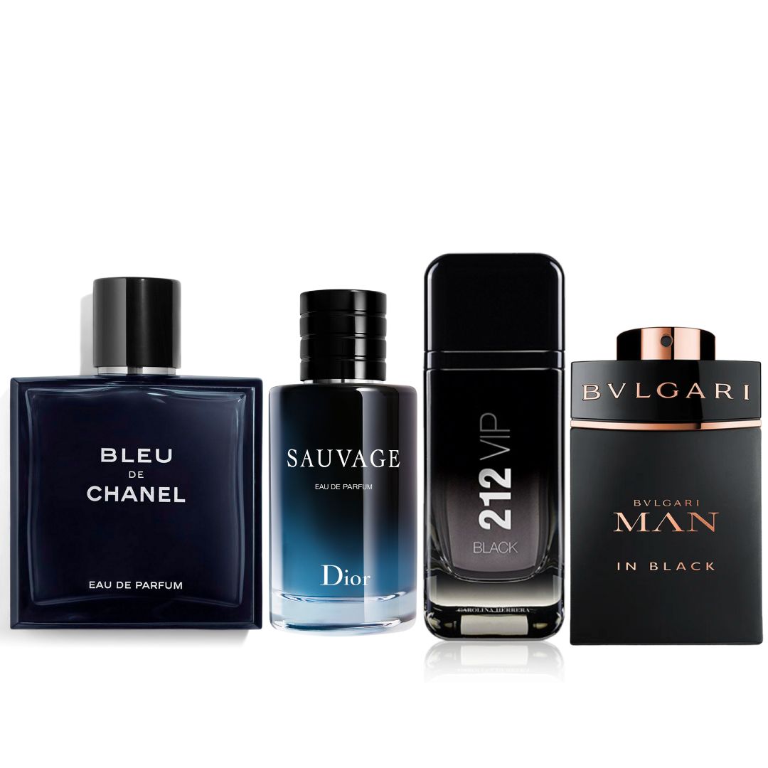 Promo Hombre Paga 2 Lleva 4: Bleu de Chanel 100 ML, Dior Sauvage 100 ML + GRATIS: CH 212 VIP Black 100 ML + GRATIS: Bvulgari MAN In Black 100 ML
