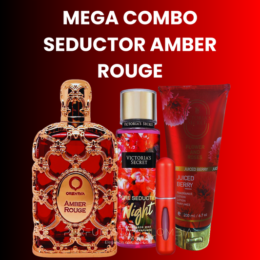 Mega Combo seductor: Amber Rouge + Perfumero. GRATIS: Crema y Splash Victoria Secret