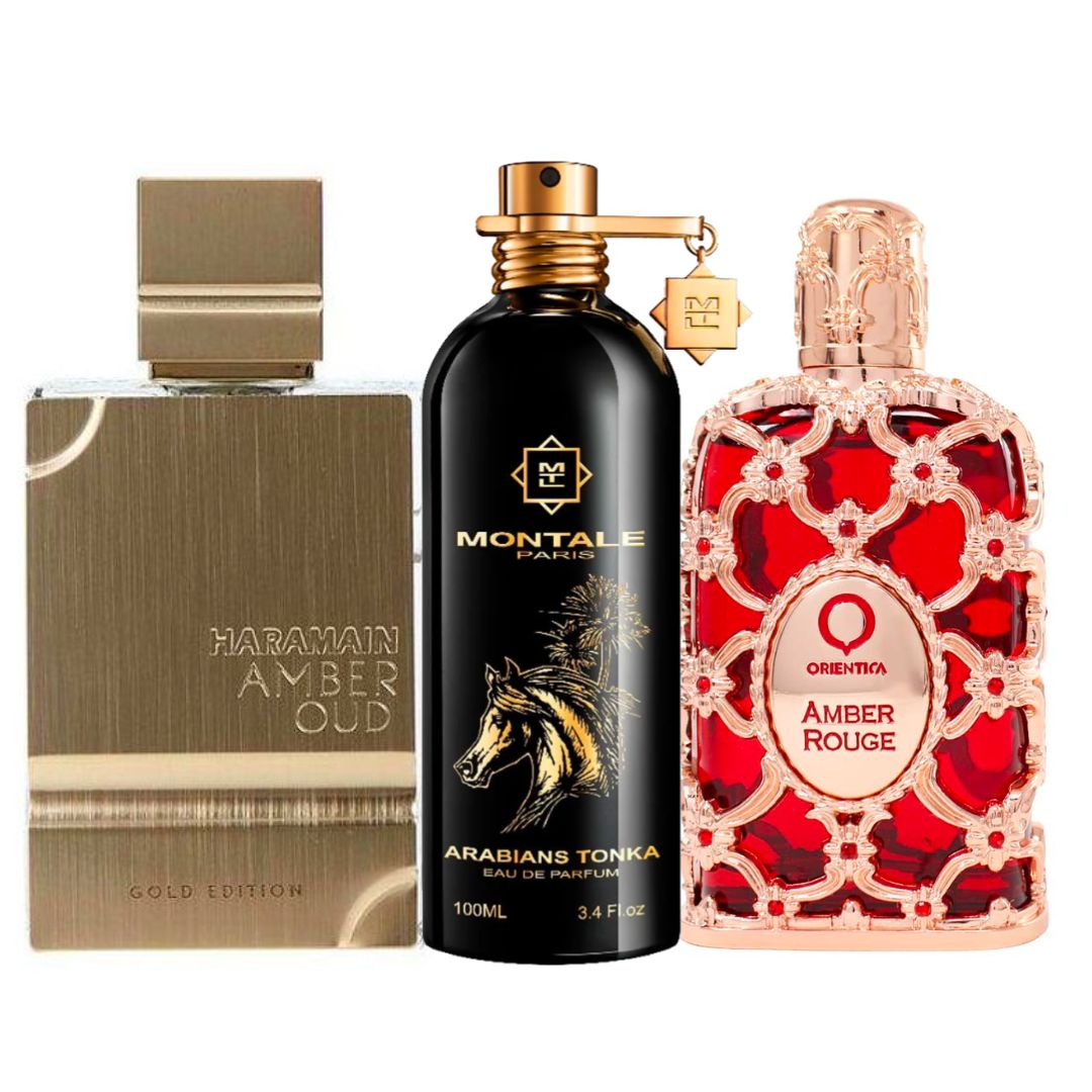 Promo Árabe Unisex 3 por 1: Al Haramain Gold 120 ML + Montale Arabians Tonka 100 ML + Orientica Amber Rouge 80 ML