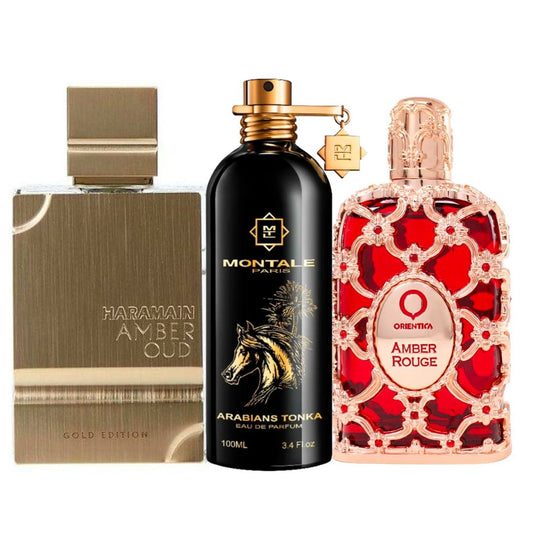 Promo Árabe Unisex 3 por 1: Al Haramain Gold 120 ML + Montale Arabians Tonka 100 ML + Orientica Amber Rouge 80 ML